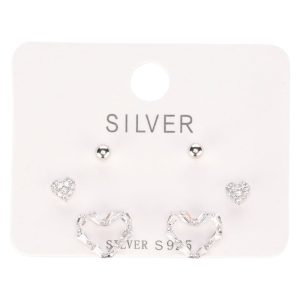 Triple Earrings Set - Heart/Heart/Ball
(Silver)