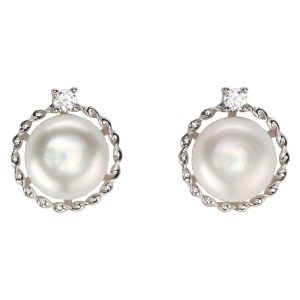 Natural Pearl Circle CZ Earrings (Silver)