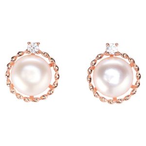 Natural Pearl Circle CZ Earrings (Rose Gold)
