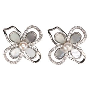 Big Flower CZ Earrings w/Natural Pearl Center & Mother of Pearl Petals (Silver)