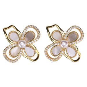 Big Flower CZ Earrings w/Natural Pearl Center & Mother of Pearl Petals (Yellow Gold)