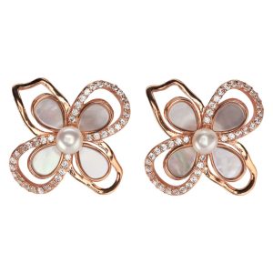 Big Flower CZ Earrings w/Natural Pearl Center & Mother of Pearl Petals (Rose Gold)