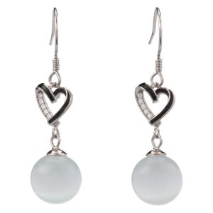 Black Enamel Heart CZ and Sphere-Shaped Chalcedony Hook Earrings