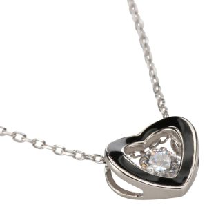 Black Enamel Heart Pendant w/Dancing CZ & w/Chain (Silver)
