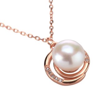 Natural Pearl w/Spiral CZ Pendant w/Chain (Rose Gold)