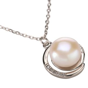 Natural Pearl w/Spiral CZ Pendant w/Chain (Silver)