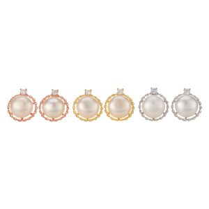 Natural Pearl Circle CZ Earrings (Yellow Gold)