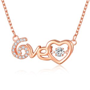 LOVE Heart with Dancing CZ Pendant with Chain (Rose Gold)