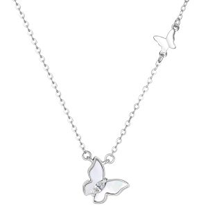 Pearl Shell Silver Butterfly and Marquise-Shaped CZ Pendant with Chain